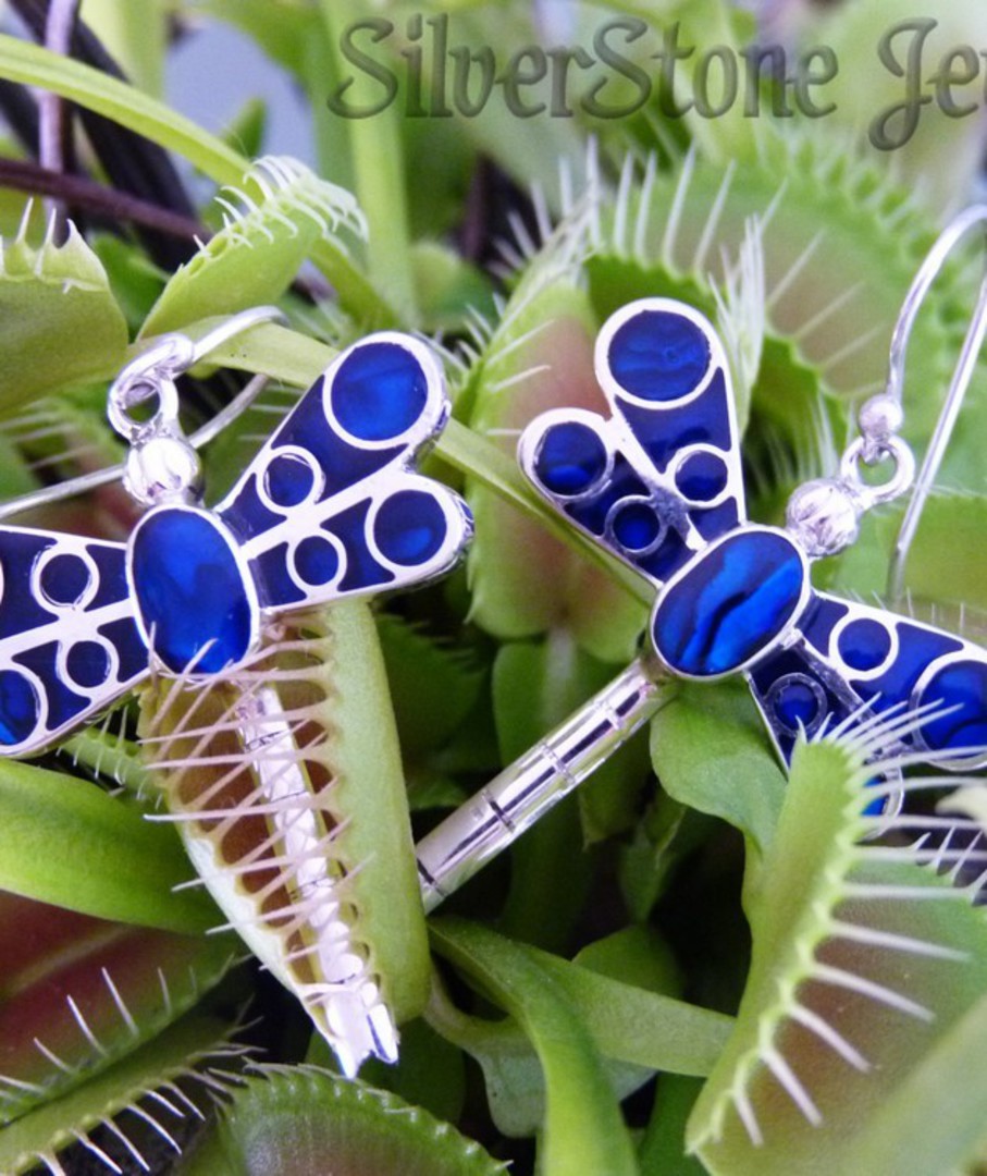 Inlay dyed blue paua shell - dragonfly earrings image 3